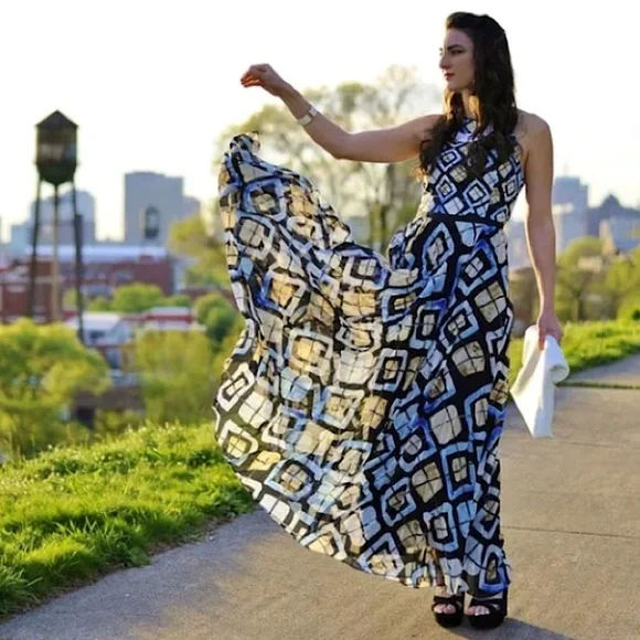 Anthropologie Sachin + Babi Marisol Tile Print Blue Yellow Shibori Maxi Dress - Picture 2 of 5